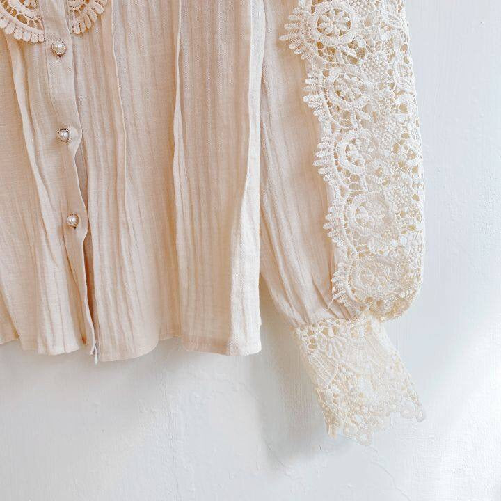 Beige Bluse mit Spitzenärmeln, Knopfleiste, Damenmode, elegant, Baumwolle, Vintage-Stil