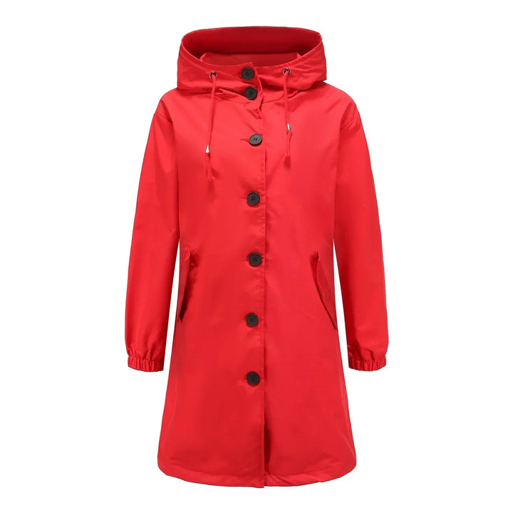 Roter Damen-Regenmantel mit Kapuze, Knöpfen und Taschen, wasserdicht, modisch.