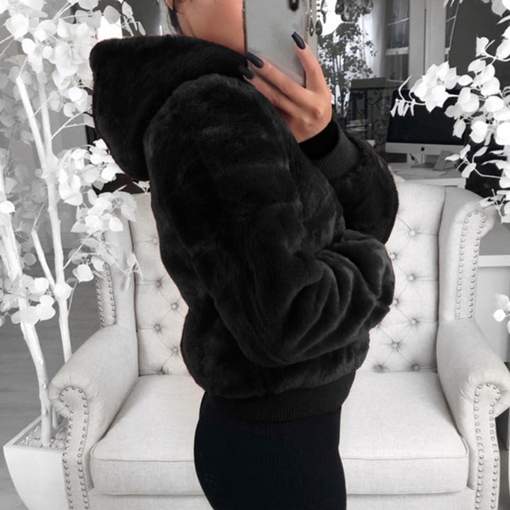 Schwarze Kunstpelzjacke Damen, warm, modisch, Winterkleidung, gemütlich, elegant, Kapuze.