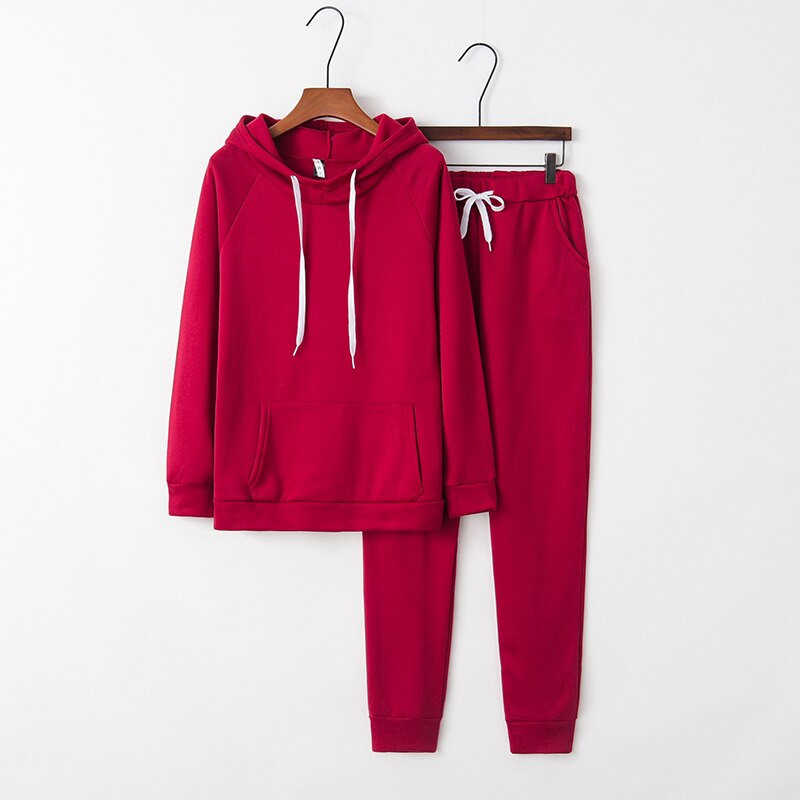 Roter Damen-Hoodie und Jogginghose Set, Baumwolle, Freizeitkleidung, Kapuze, Kordelzug.