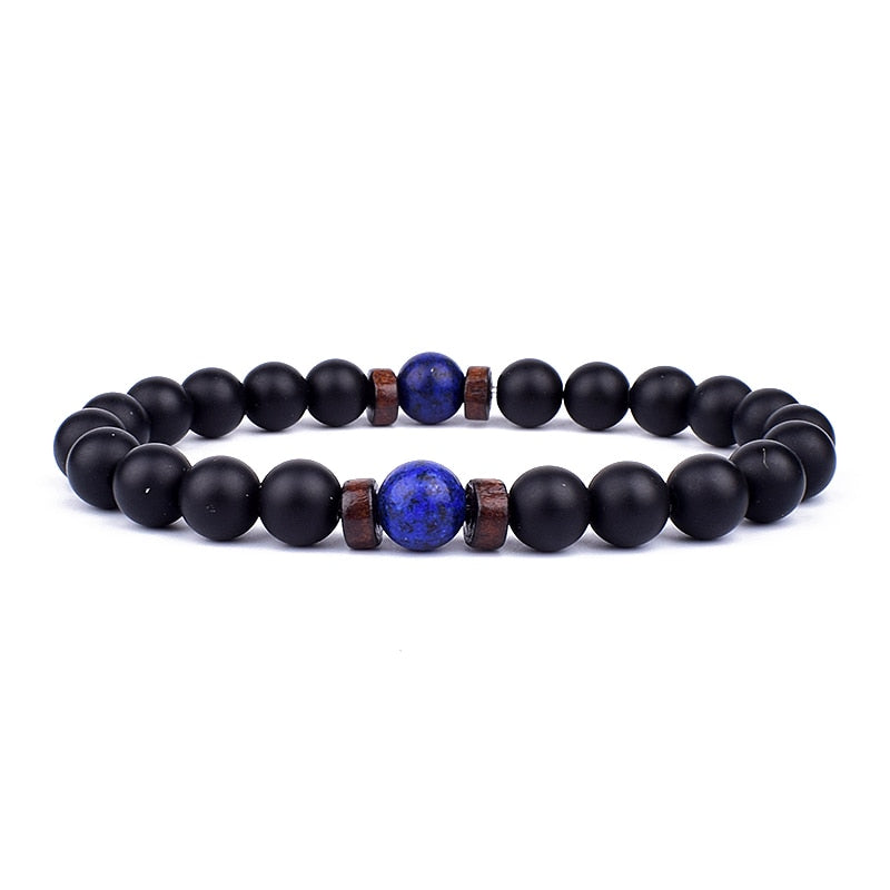 Schwarzes Onyx-Armband mit blauer Lapislazuli-Perle, elastisch, Unisex-Schmuck.