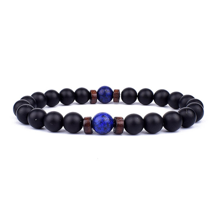 Schwarzes Onyx-Armband mit blauer Lapislazuli-Perle, elastisch, Unisex-Schmuck.