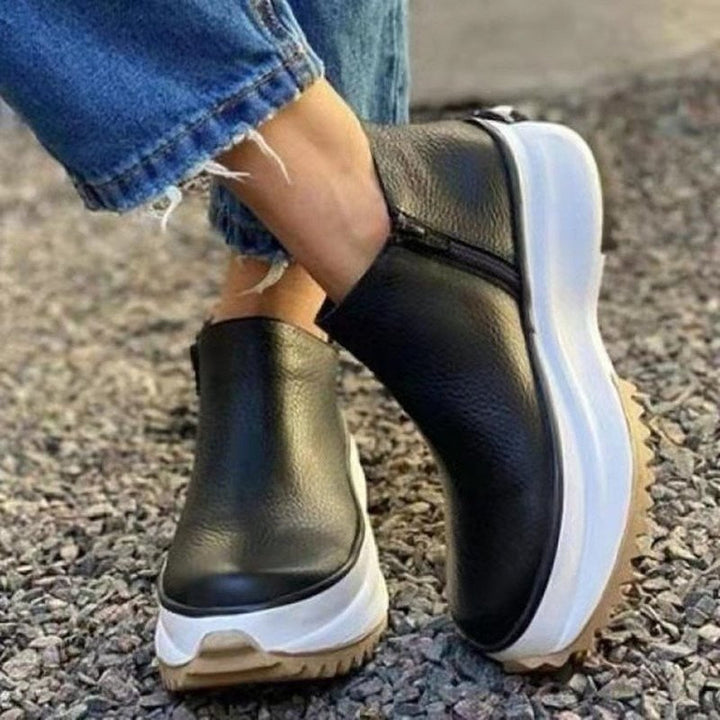 Schwarze Leder-Sneaker mit Plateau, Reißverschluss, Damenmode, lässig, bequeme Schuhe