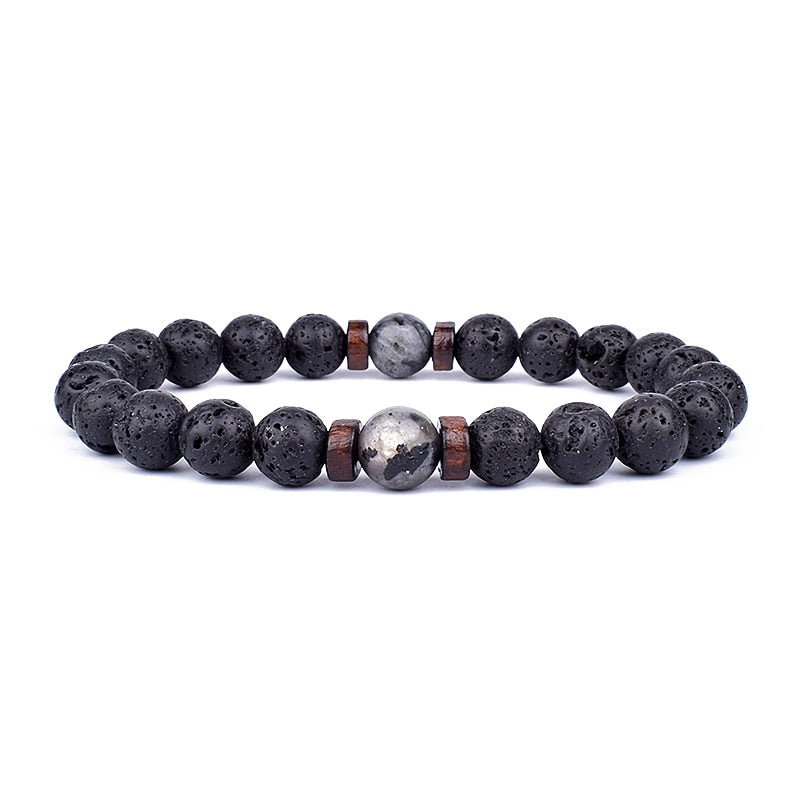 Armband aus Lavastein und Holzperlen, schwarz, elastisch, Unisex-Schmuck, modisch.
