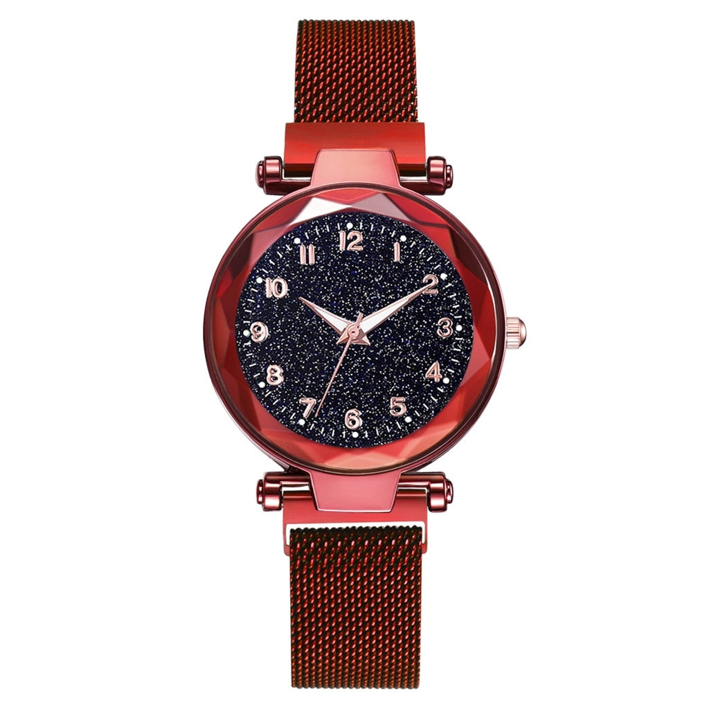 Rote Damenarmbanduhr mit glitzerndem Zifferblatt, modisches Design, Edelstahlarmband.