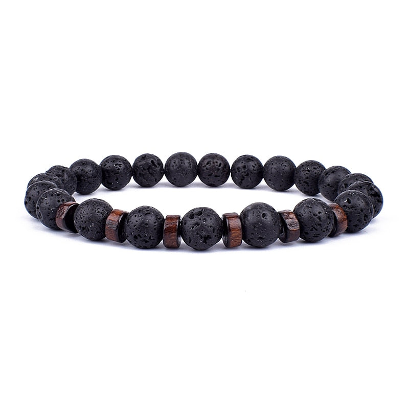 Schwarzes Lavastein-Armband mit Holzperlen, elastisch, Unisex-Schmuck, modisch.