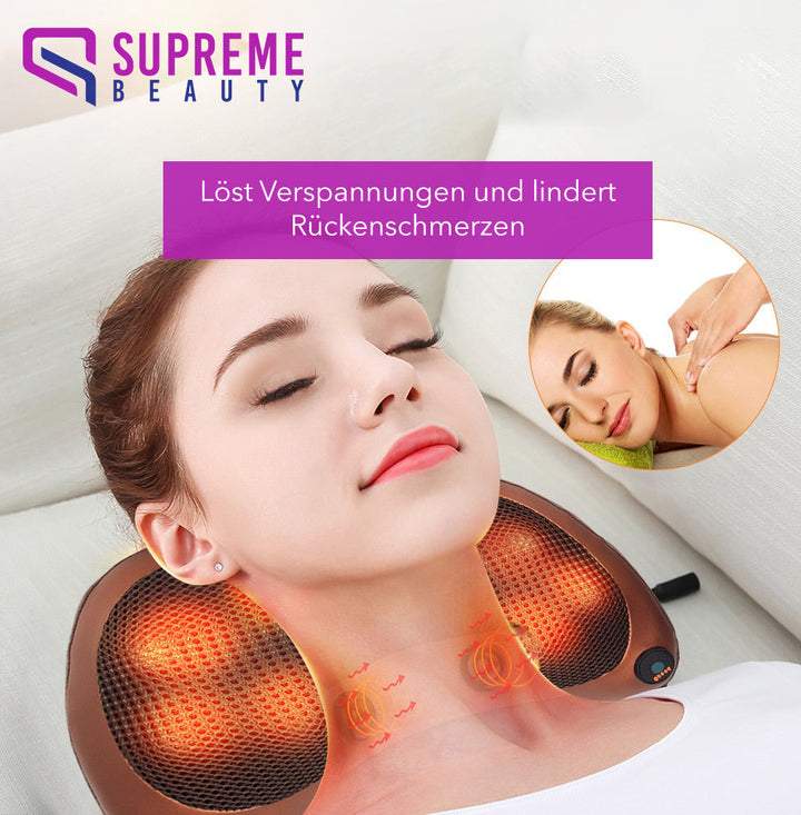 Frau nutzt braunes Nackenmassagegerät mit Wärmefunktion zur Schmerzlinderung, Supreme Beauty.