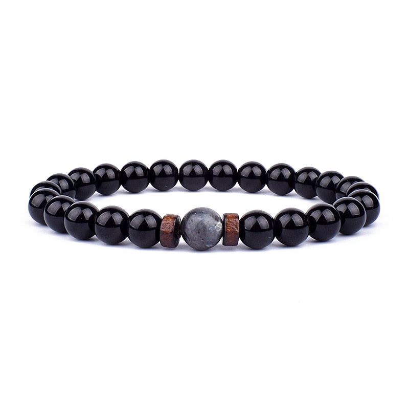 Schwarzes Onyx-Armband mit grauer Perle und Holzperlen, elastisch, Unisex-Schmuck.