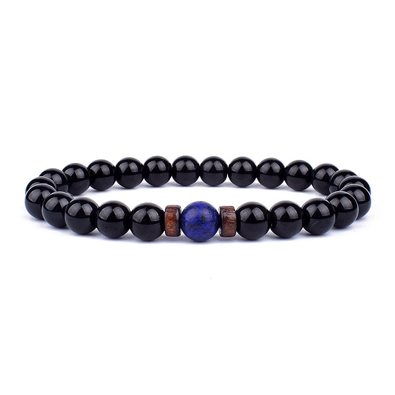 Schwarzes Onyx-Armband mit blauer Lapislazuli-Perle, elastisch, Unisex-Schmuck.