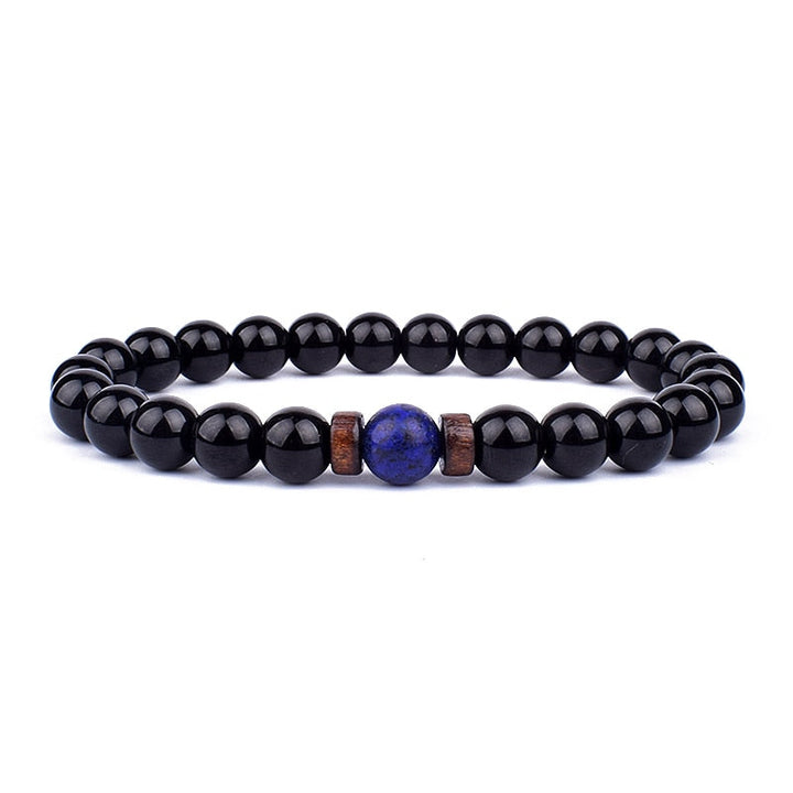 Schwarzes Onyx-Armband mit blauer Lapislazuli-Perle, elastisch, Unisex-Schmuck.