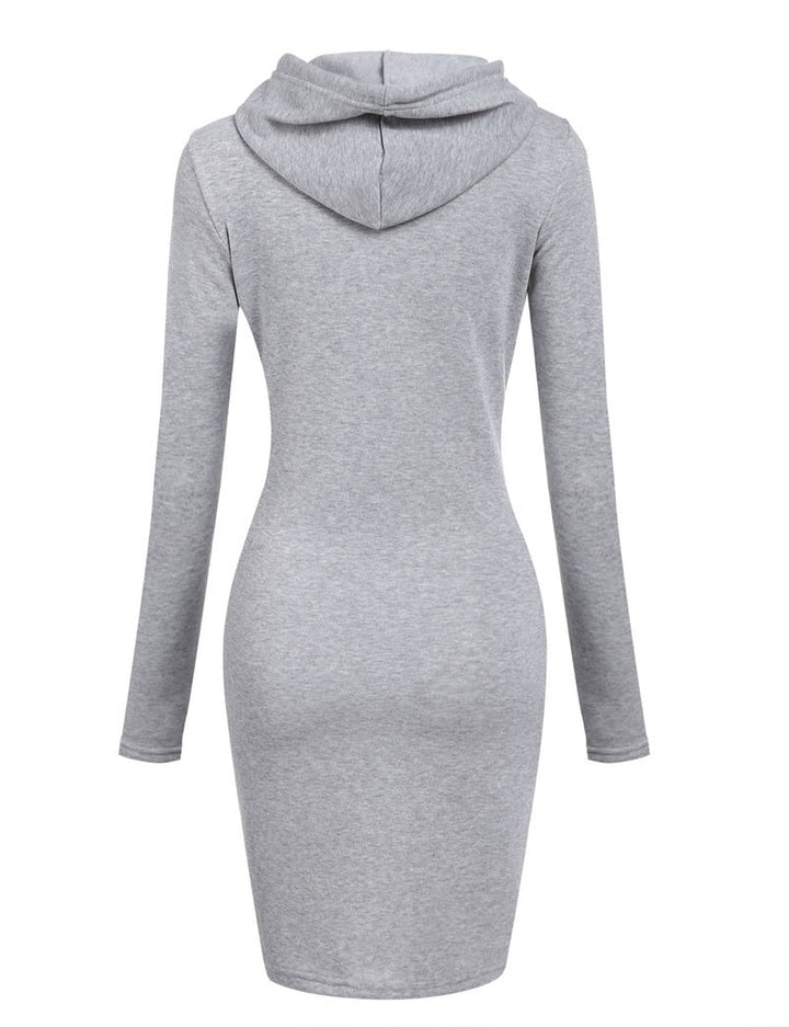 Graues Kapuzenkleid Damen, langärmelig, figurbetont, Freizeitmode, Baumwollmischung.