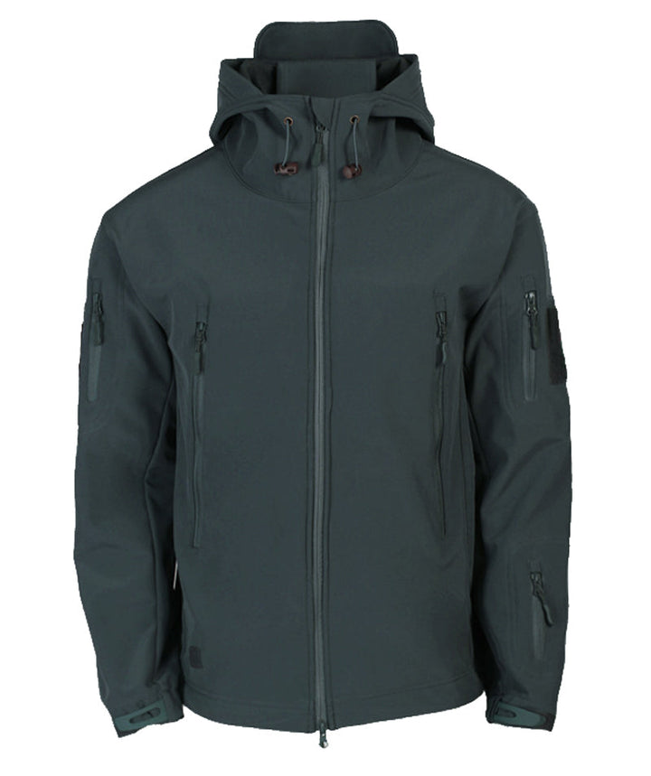 Dunkelgrüne Softshelljacke mit Kapuze, Reißverschlusstaschen, Outdoor-Bekleidung, Herrenmode.