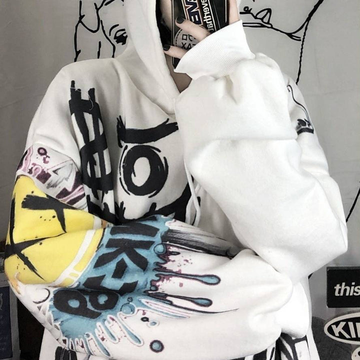 Weißer Hoodie mit Graffiti-Design, bunte Ärmel, Streetwear, Unisex, Baumwolle