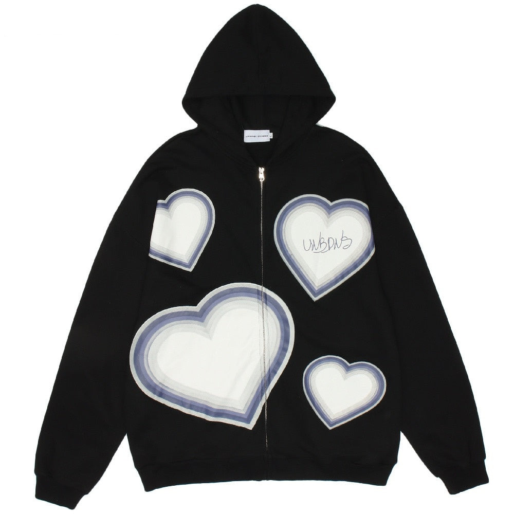Schwarzer Hoodie mit weißen Herzmotiven, Reißverschluss, Unisex, Baumwolle, Streetwear.