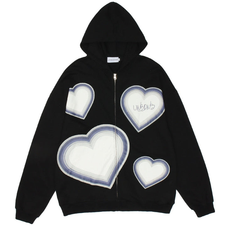 Schwarzer Hoodie mit weißen Herzmotiven, Reißverschluss, Unisex, Baumwolle, Streetwear.