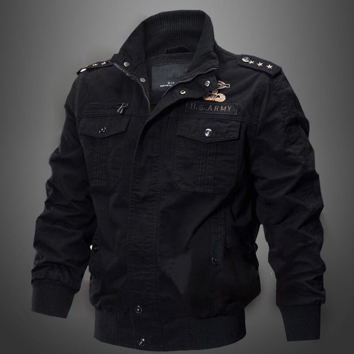 Schwarze Herren-Militärjacke, Baumwolle, mit Abzeichen, Reißverschluss, modisch, lässig.