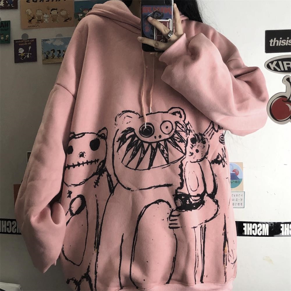 Rosa Oversize-Hoodie mit abstraktem Monster-Design, Unisex, Baumwolle, Streetwear-Mode.