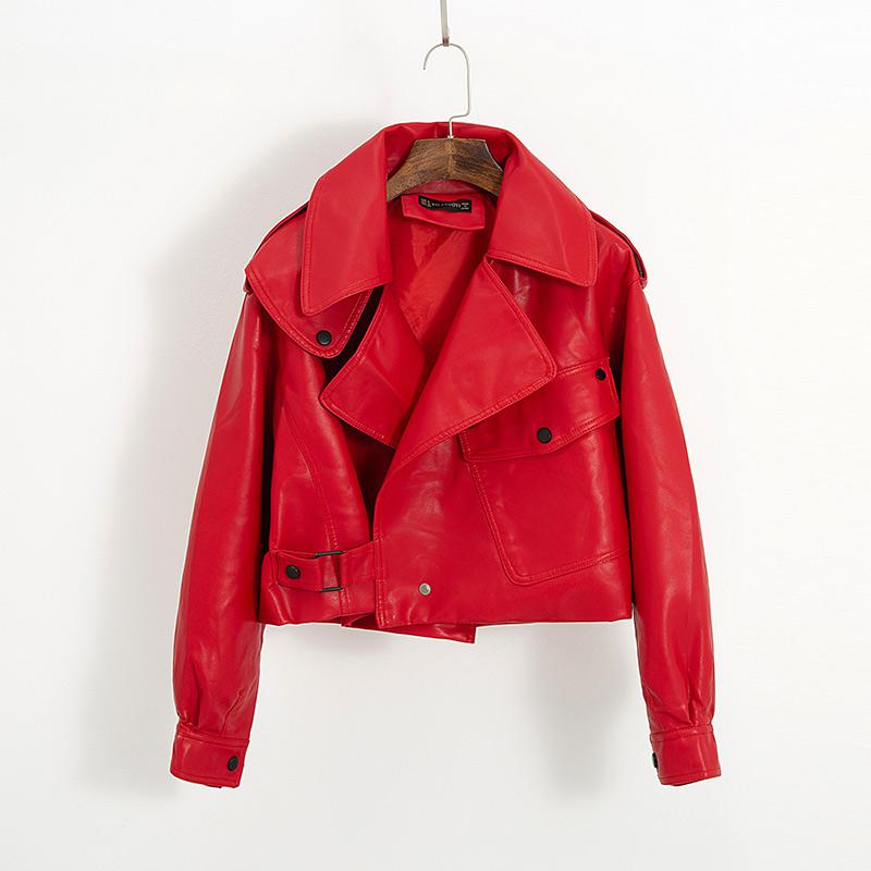 Rote Lederjacke Damen, Biker-Stil, modisch, kurz, mit Knöpfen, Herbstmode.