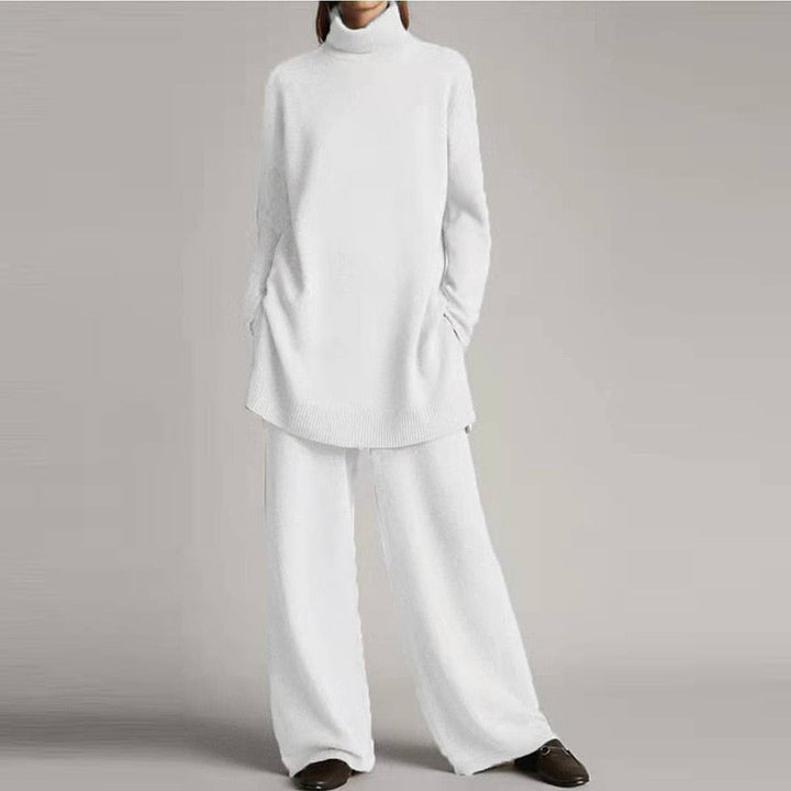 Damen weißer Strickpullover und Hose Set, lässig, bequem, modisch, Herbst-Winter-Outfit.