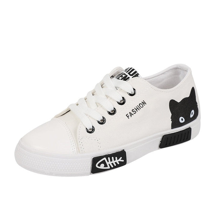 Weißer Sneaker mit schwarzem Katzenmotiv, Fischgräten-Design, modisch, Damen, Freizeitschuh.