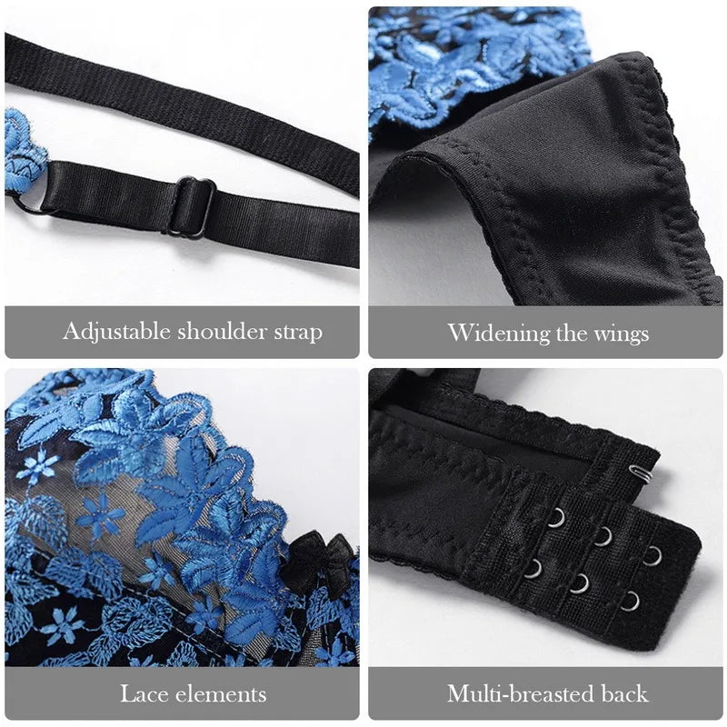 Blauer Spitzen-BH mit verstellbaren Trägern, breitem Rücken und Hakenverschluss.