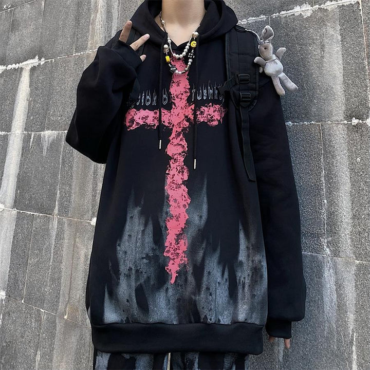 Schwarzer Hoodie mit rotem Kreuz, Unisex, Baumwolle, Streetwear, lässig, modisch, Kapuzenpullover.