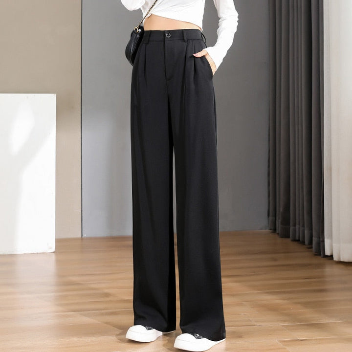Damen schwarze weite Hose, elegant, hohe Taille, Business-Look, aus Polyester.