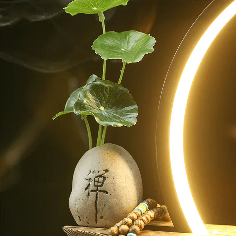 Steinlampe mit Pflanzen, LED-Licht, Zen-Dekor, chinesisches Schriftzeichen, Meditationsraum.