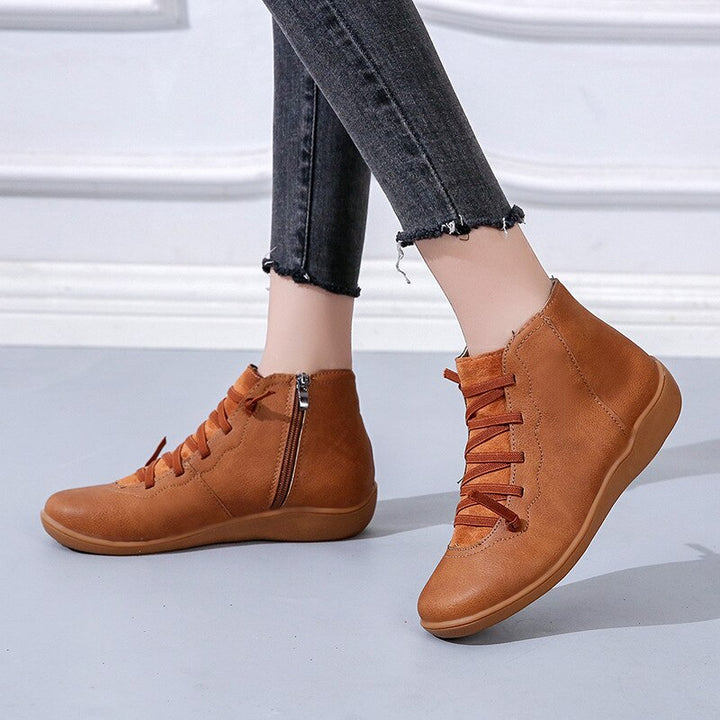 Damen-Sneaker aus braunem Leder mit Reißverschluss, bequeme Freizeitschuhe, modisch.