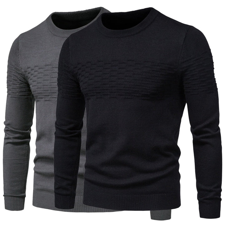 Zwei Herrenpullover, schwarz und grau, Strickmuster, Rundhalsausschnitt, langärmelig.