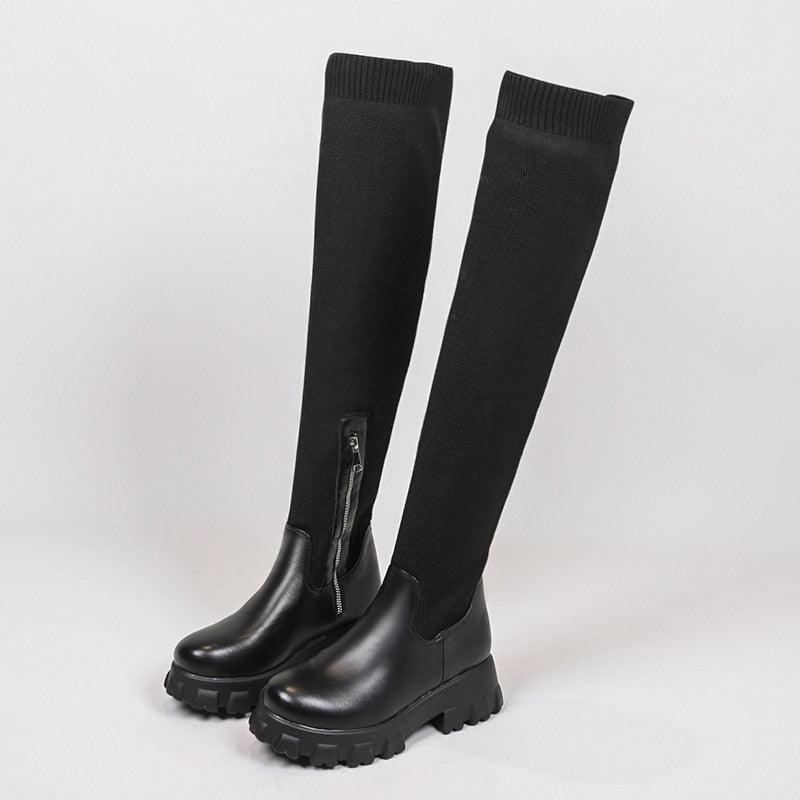 Schwarze Damen-Stiefel, kniehoch, Leder, Reißverschluss, modisch, robust, Herbst-Winter.