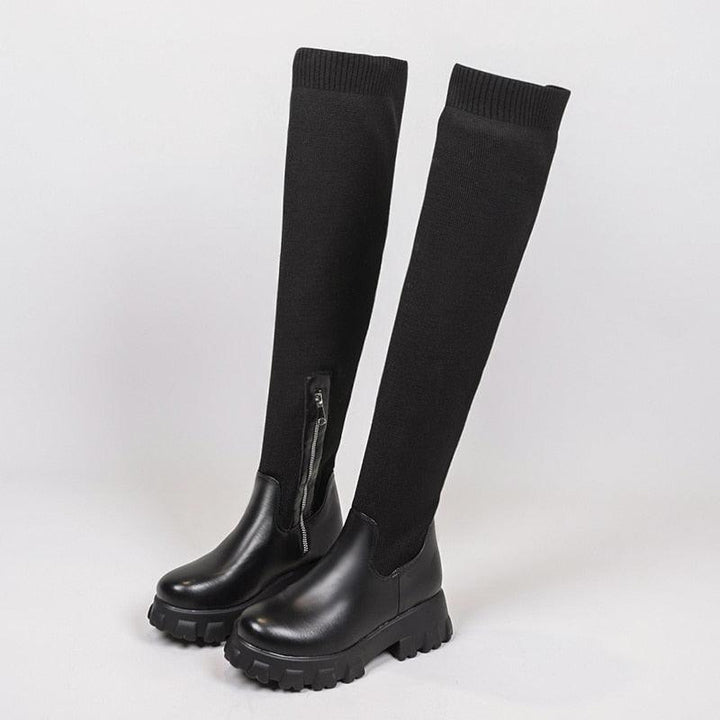 Schwarze Damen-Stiefel, kniehoch, Leder, Reißverschluss, modisch, robust, Herbst-Winter.