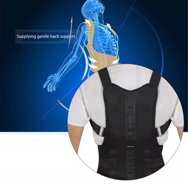 Schwarze Rückenstütze für Haltungskorrektur, verstellbar, ergonomisch, Unisex.