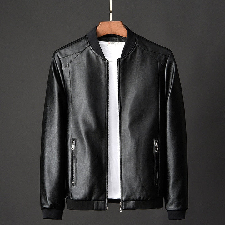 Schwarze Lederjacke für Herren, Reißverschluss, modisch, klassisches Design.