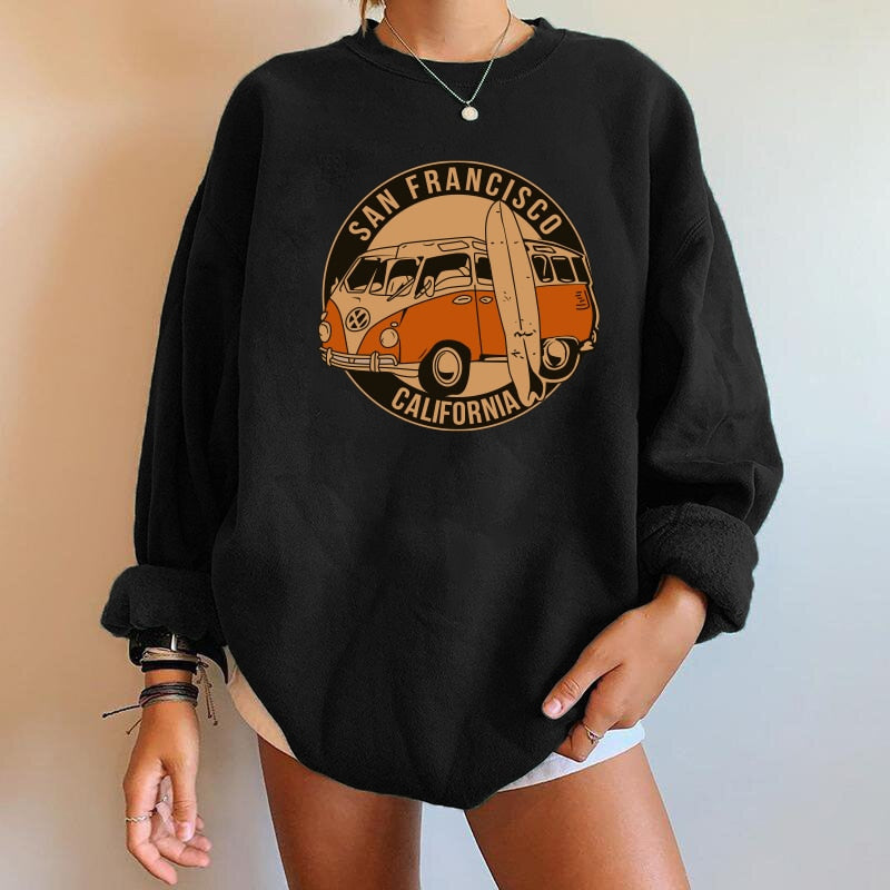 Schwarzer Pullover mit VW-Bus-Print, "San Francisco California", lässige Damenmode.