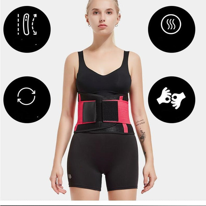 Frau mit schwarzem Fitness-Taillentrainer, verstellbar, für Sport und Gewichtsverlust.