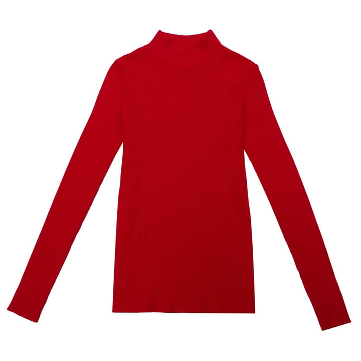 Roter Rollkragenpullover Damen, langärmelig, Baumwolle, modisch, bequem, Herbstmode.