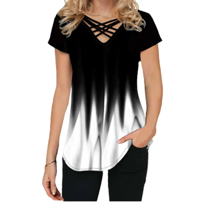 Damen T-Shirt schwarz-weiß, V-Ausschnitt, Kurzarm, Ombre-Design, Freizeitmode.