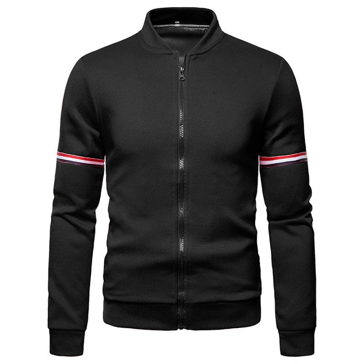 Schwarze Herrenjacke mit Reißverschluss, rotem Streifen, sportlich, modisch, Baumwolle.