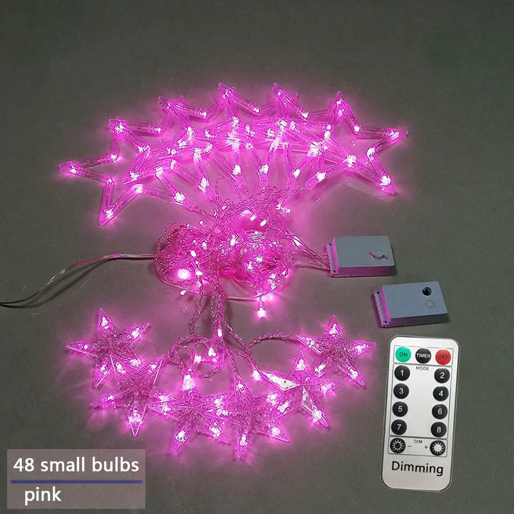 Rosa LED-Sternlichterkette mit Fernbedienung, 48 kleine Glühbirnen, dimmbar.