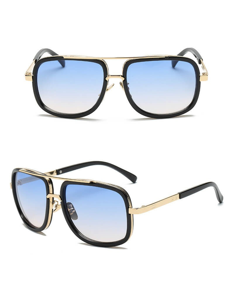 Goldene Sonnenbrille mit blauem Verlaufsglas, rechteckig, Unisex-Design, modisch und elegant.