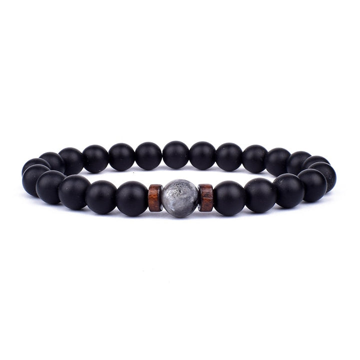 Schwarzes Onyx-Armband mit Holz- und Metallperlen, elastisch, Unisex-Schmuck.