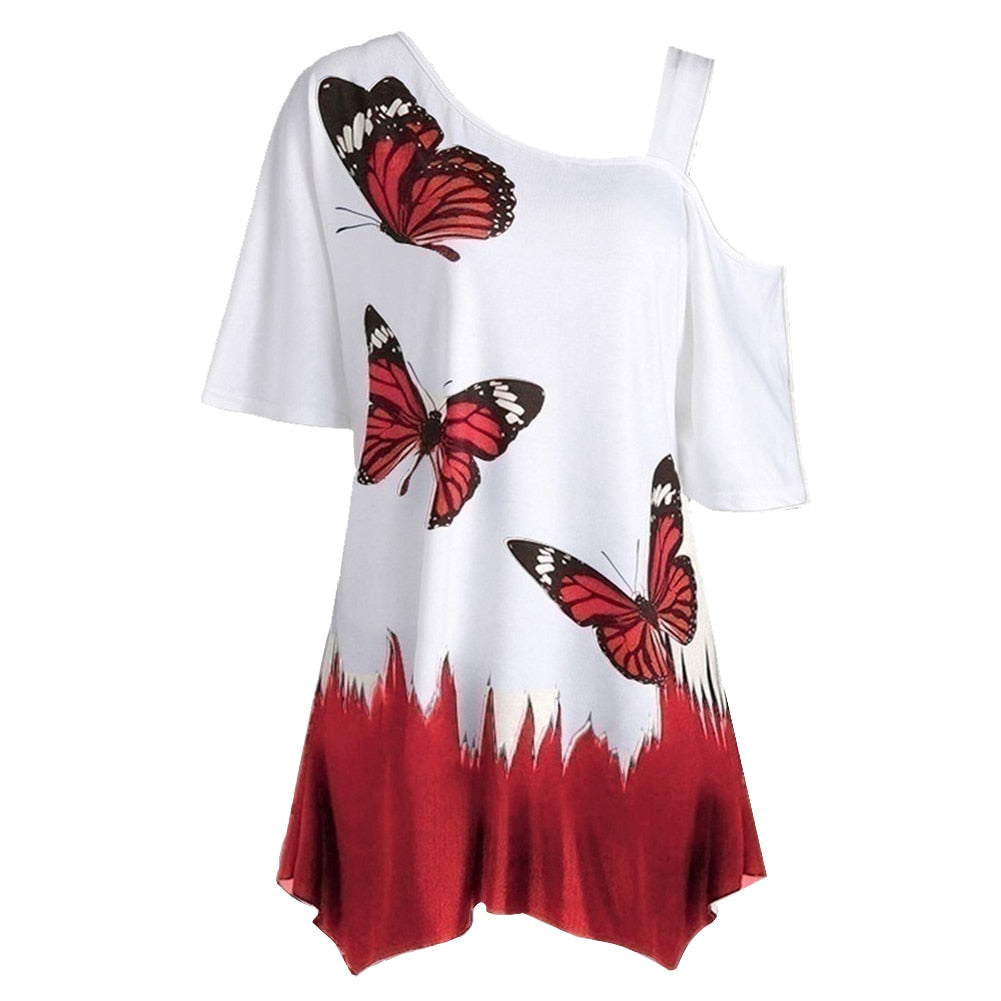 Weißes Damen-Shirt mit roten Schmetterlingen, asymmetrischer Schnitt, Sommermode, Baumwolle.