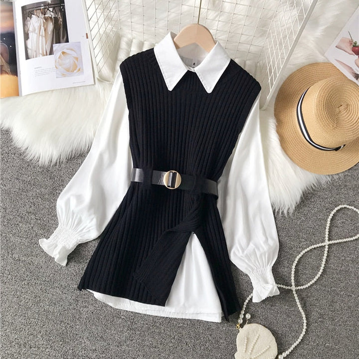 Schwarzes Strickkleid mit Gürtel über weißer Bluse, elegantes Damenoutfit, Herbstmode.