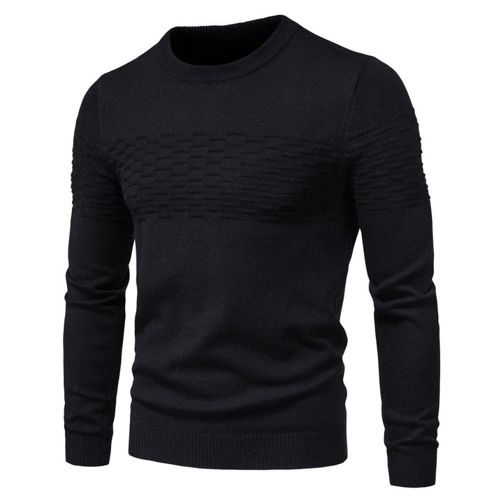 Schwarzer Herrenpullover, Strickmuster, Rundhalsausschnitt, langärmelig, modisch, warm.