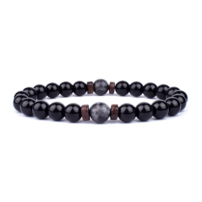 Schwarzes Onyx-Armband mit grauen Marmorperlen, elastisch, Unisex-Schmuck, elegant.
