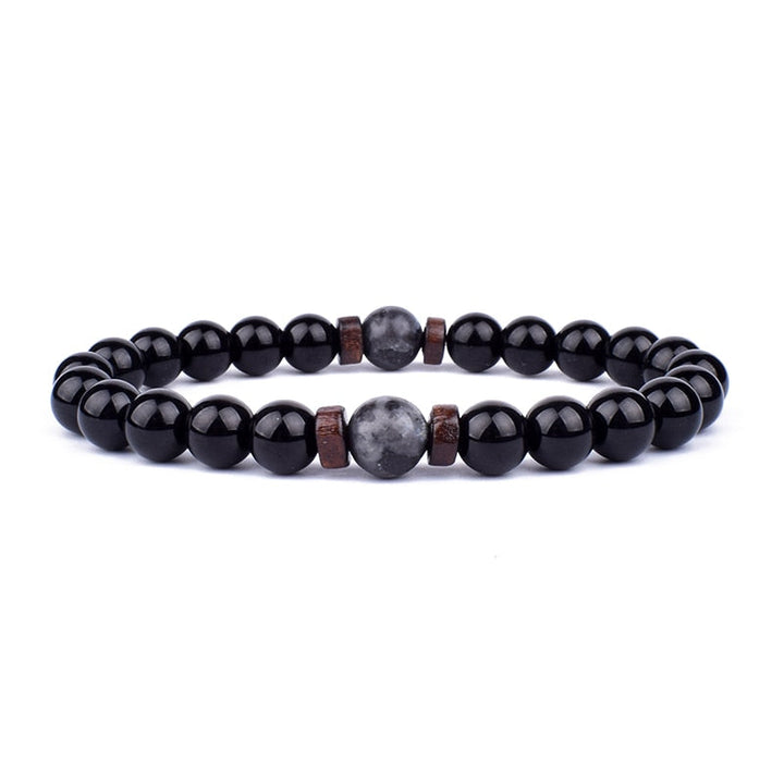 Schwarzes Onyx-Armband mit grauen Marmorperlen, elastisch, Unisex-Schmuck, elegant.
