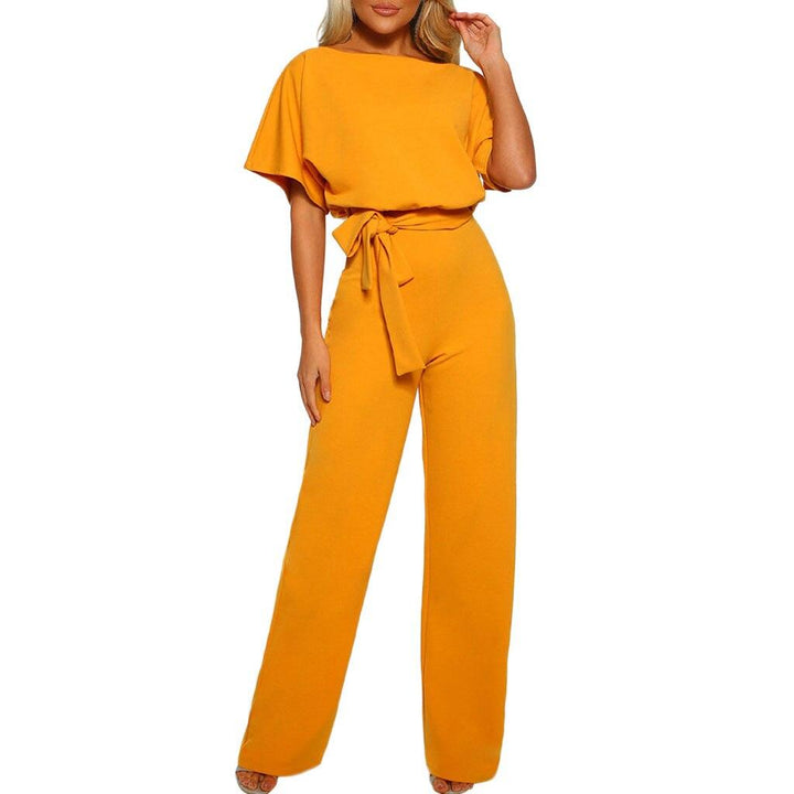 Damen Jumpsuit Gelb, Kurzarm, Gürtel, Elegante Mode, Sommeroutfit, Bequem, Trendy