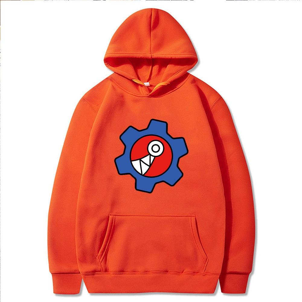 Orange Hoodie mit Zahnrad-Design, Baumwolle, Unisex, Kapuzenpullover, modisch, bequem.