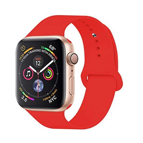 Smartwatch mit rotem Armband, goldfarbenes Gehäuse, Fitness-Tracker, Touchscreen, modern.
